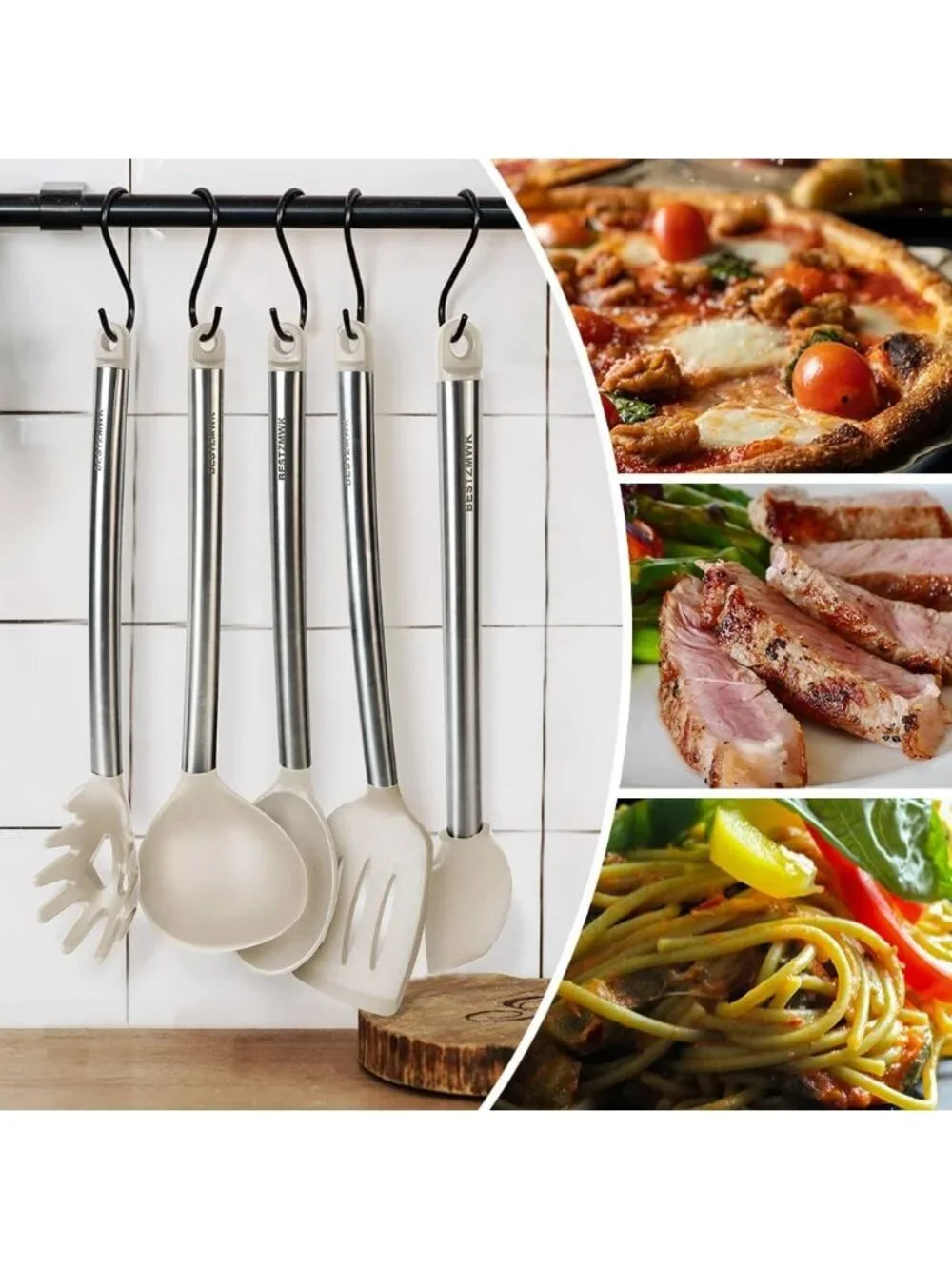 Kitchen Utensil Set-Silicone Cooking 33 Nonstick Kitchen Gadgets & Spoons Khaki